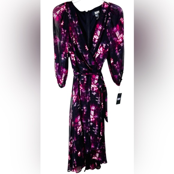 Dkny Dresses & Skirts - NWT DKNY Black Floral Wrap Mock Wrap Midi Dress Size 6 Sheer Long Sleeve